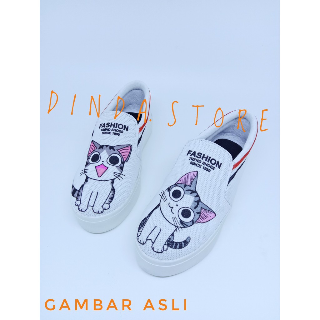 Fiadi Sepatu Wanita Slip On Cat Cute Printing Murah - Dongker Dan Putih