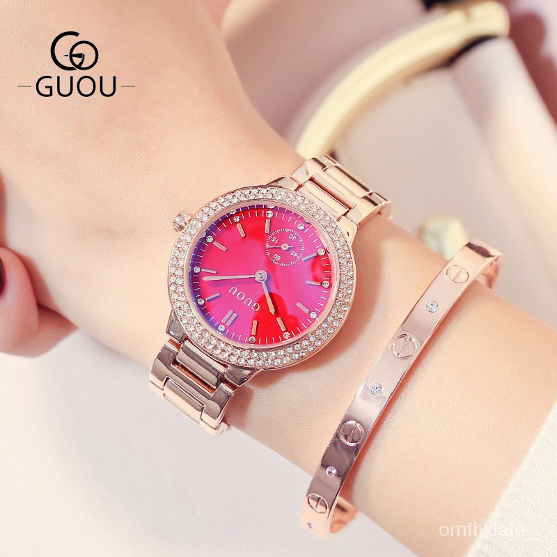 GUOU Fashion Wanita Jam Tangan Kuarsa Atmosfer Penuh Diamond Karakter dan Gambar Cahaya Biru Cer 8141