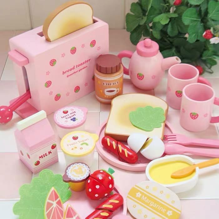 Mainan masakan anak kayu wooden kitchen strawberry toast set
