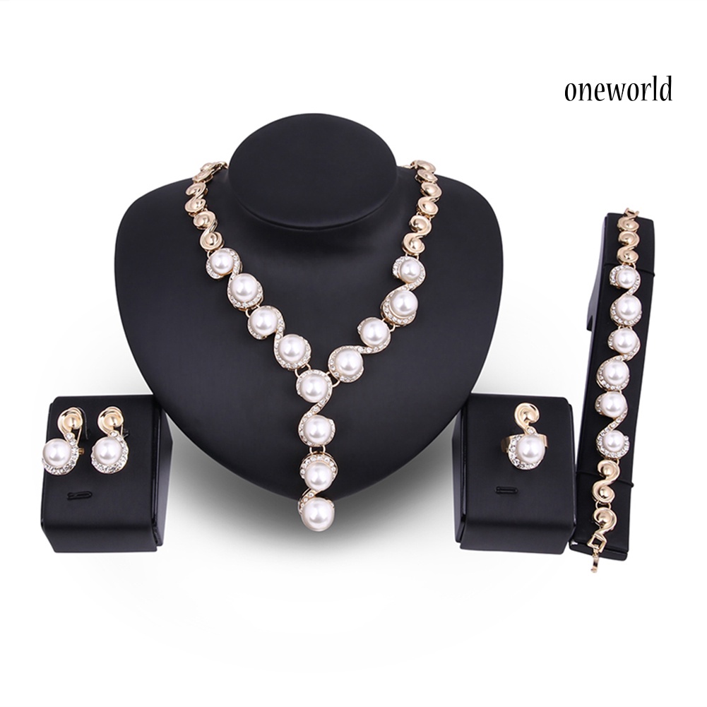 OW@ Women Pearl Inlaid Rhinestone Necklace Bracelet Stud Earrings Ring Jewelry Set