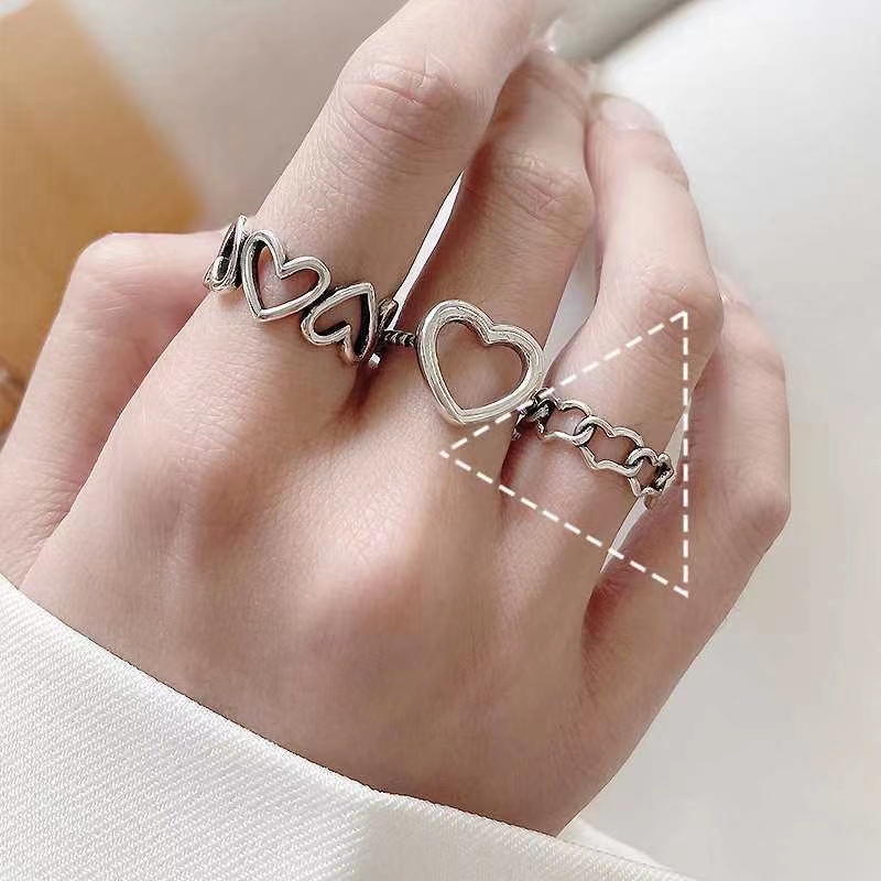 IFYOU 3pcs / set Cincin Jari Bentuk Hati Model Hollow Warna Silver Untuk Wanita