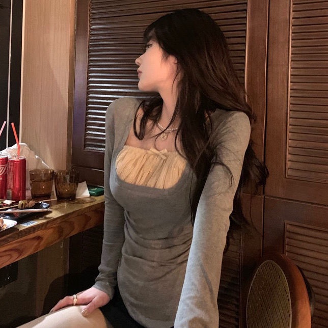 [✅BISA COD] #Sisjuly# Kemeja lipit penutup daging chiffon bow stitching T-shirt hem slit top women