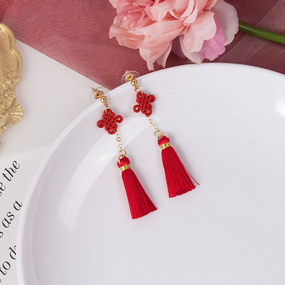 LILY Ethnic Red Tassel Long Dangle Earrings Chinese Knots Happiness Good Luck Red Lantern Drop Earring Women Wedding Jewelry Earing New Year Gift