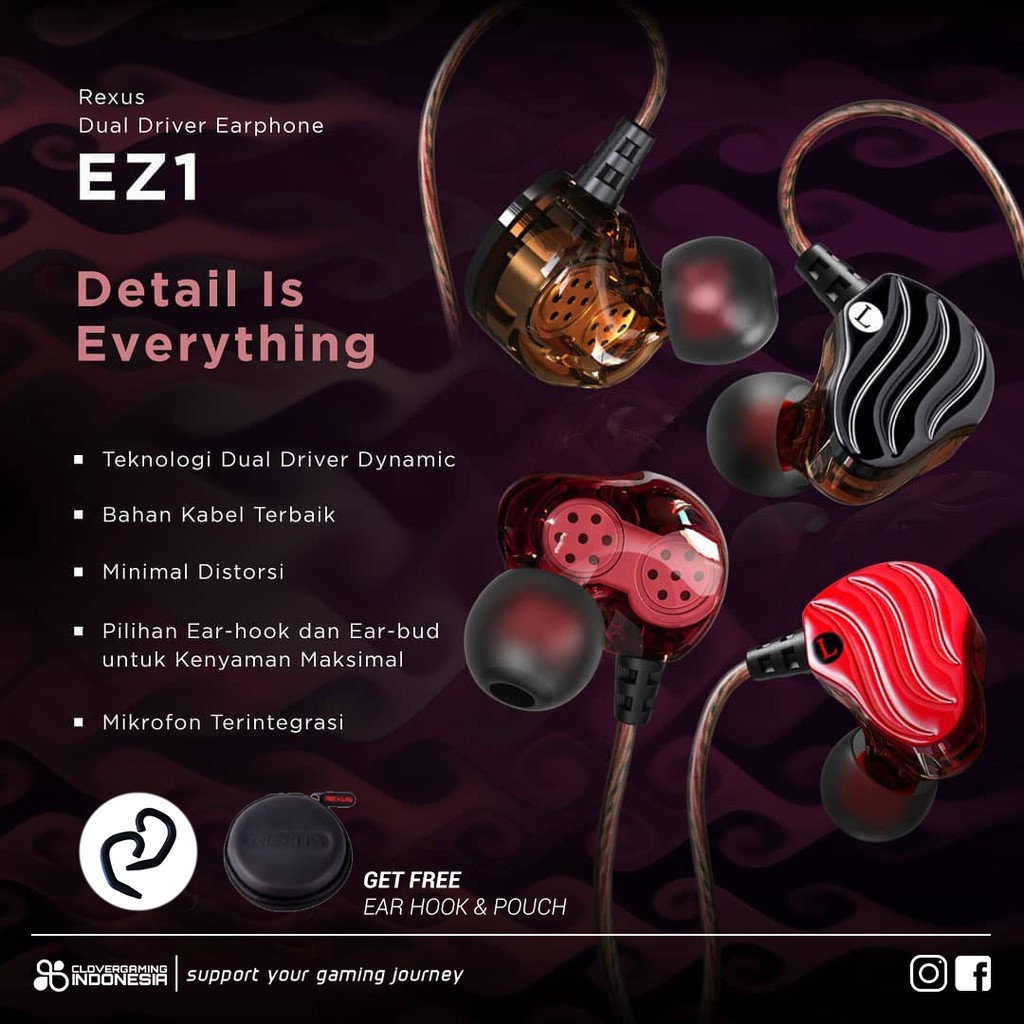Rexus EZ1 Dual Driver Gaming Earphone - Hitam/Merah