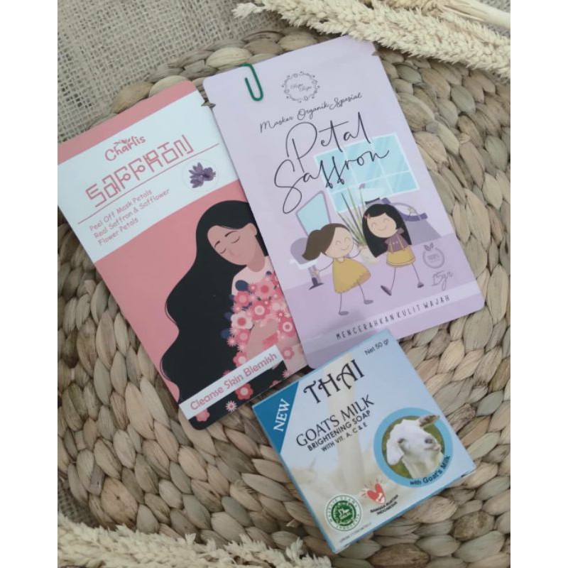 PAKET HEMAT (SABUN THAI GOAT MILK + MASKER PEEL OFF SAFFRON + MASKER ORGANIK) FREE SPATULA MASKER