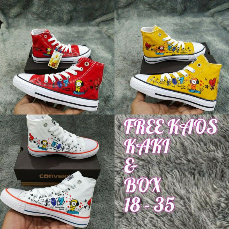 (READY 5 WARNA) SEPATU CONVERSE BTS BT21 SEPATU ANAK PEREMPUAN / LAKI LAKI MODEL TINGGI SIZE 18-35