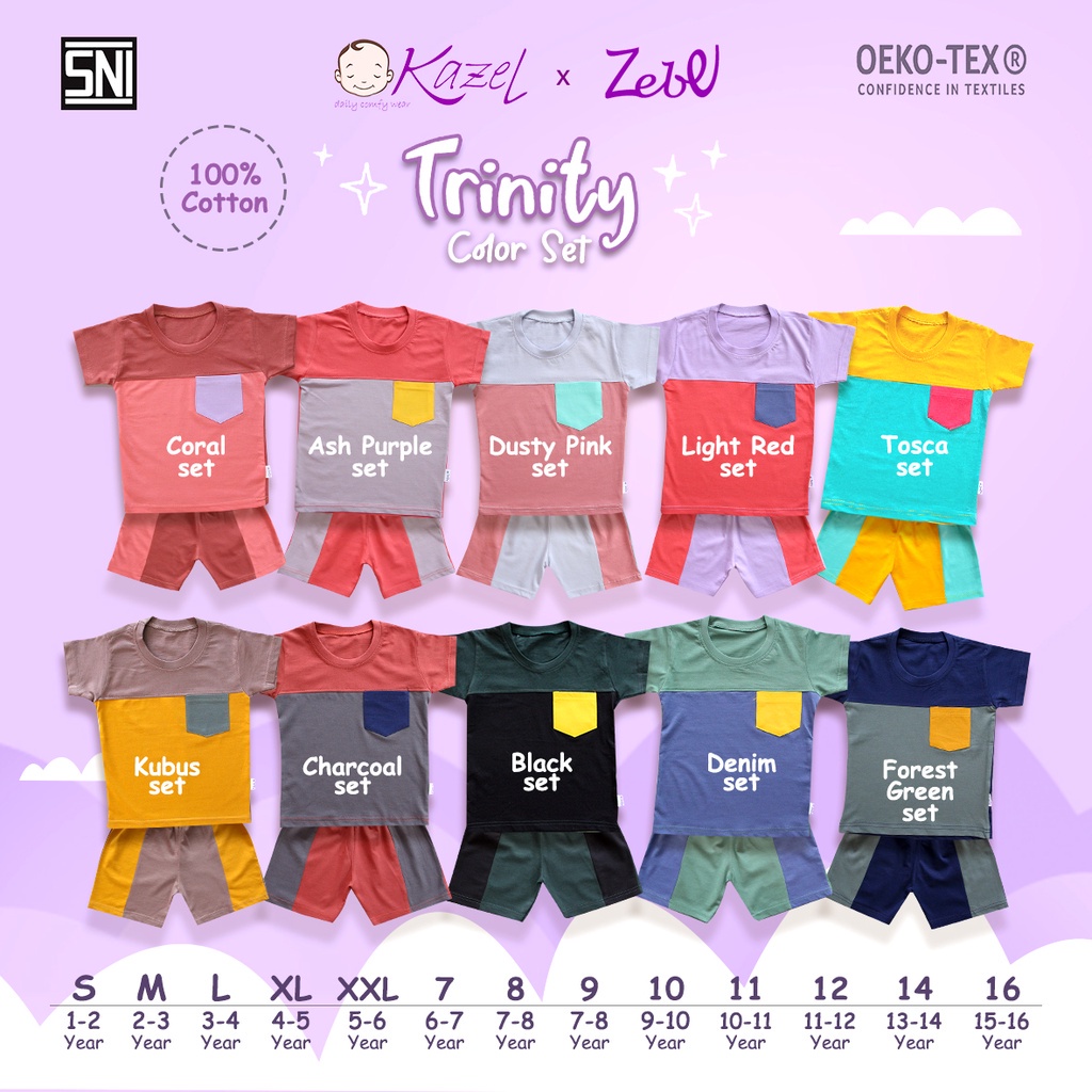 [Warna Kubus Size S-XXL] Kazel Zebe Trinity Set Unisex Edition Setelan Pendek Harian Anak