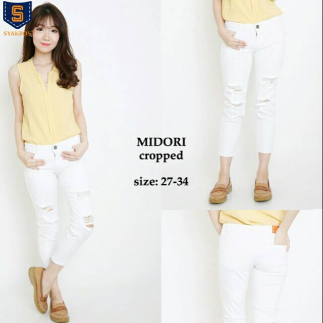 MIDORI Crop Destroy / Celana Jeans Cewek sobek