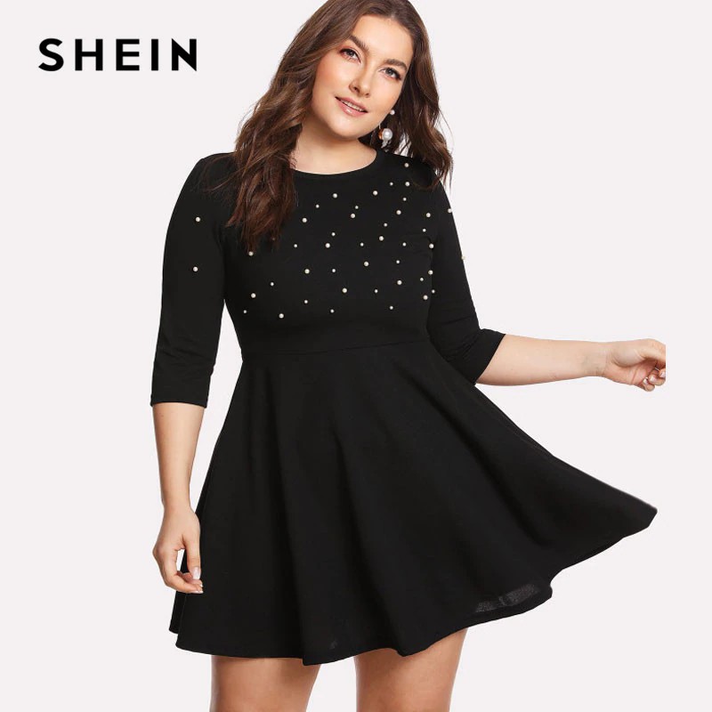 TERLARIS SHEIN Black Round Neck Spring Dress Plus Size Women Pearl Beading Fit Flare Large Sizes