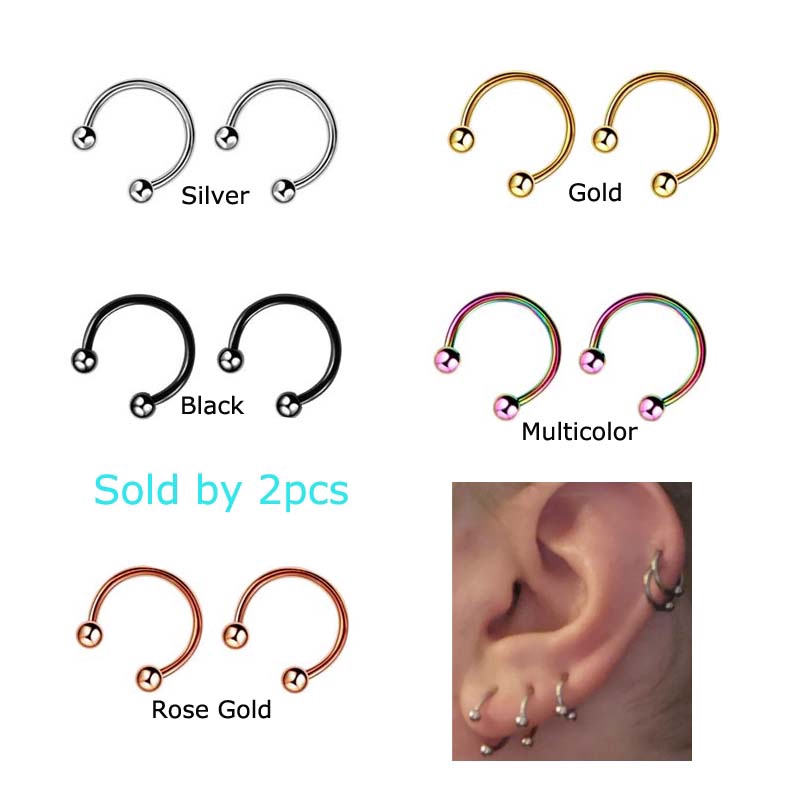 2Pcs Earrings Horseshoe Ring Nose Hoop Ear Cartilage Tragus Piercing 16G