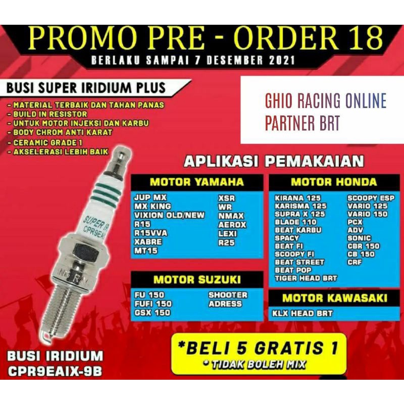 BUSI IRIDIUM SUPER PLUS BRT BEAT KARBU/FI VARIO 125/150 PCX 125 /150 ADV 150/ SCOOPY DONAT SCOOPY 20