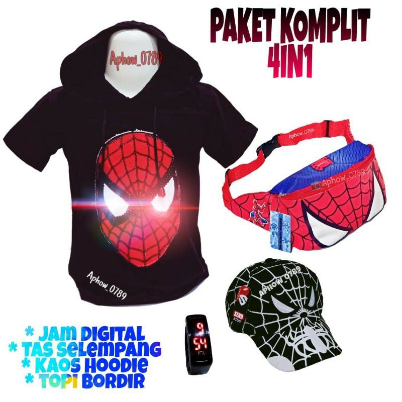 New arrival 4in1 kaos Hoodie LED Spiderman/c.america. banyak bonusnya 1-10tahun