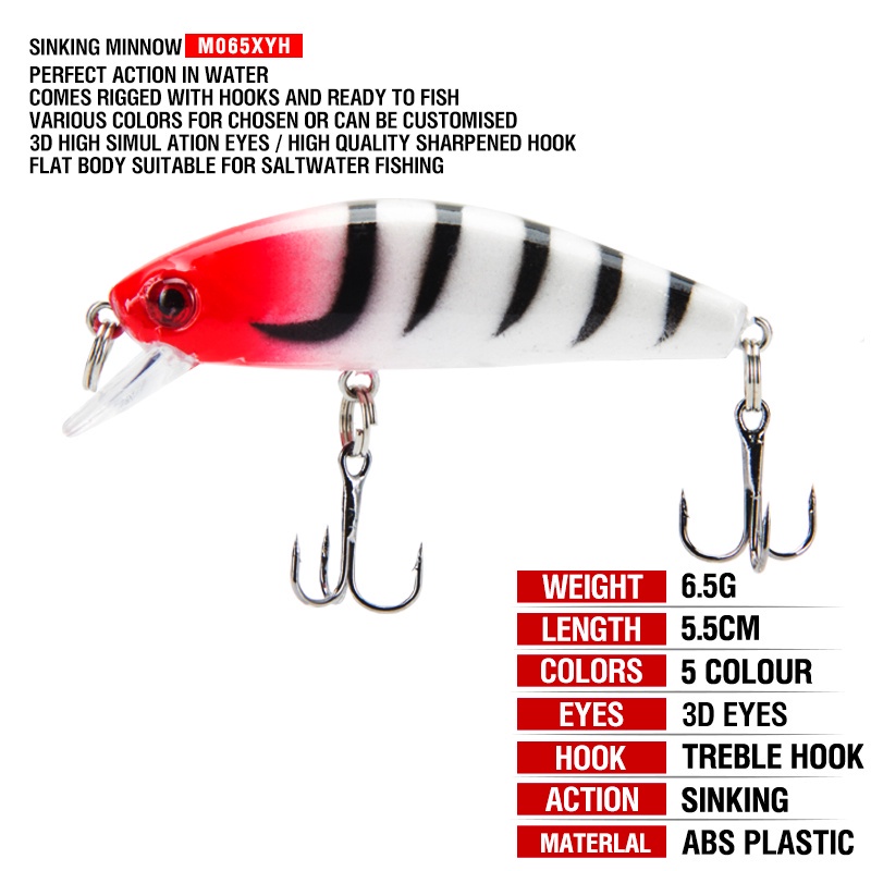 5pcs / Kotak Umpan Pancing Ikan Minnow Mata 3D 55mm / 6.5g