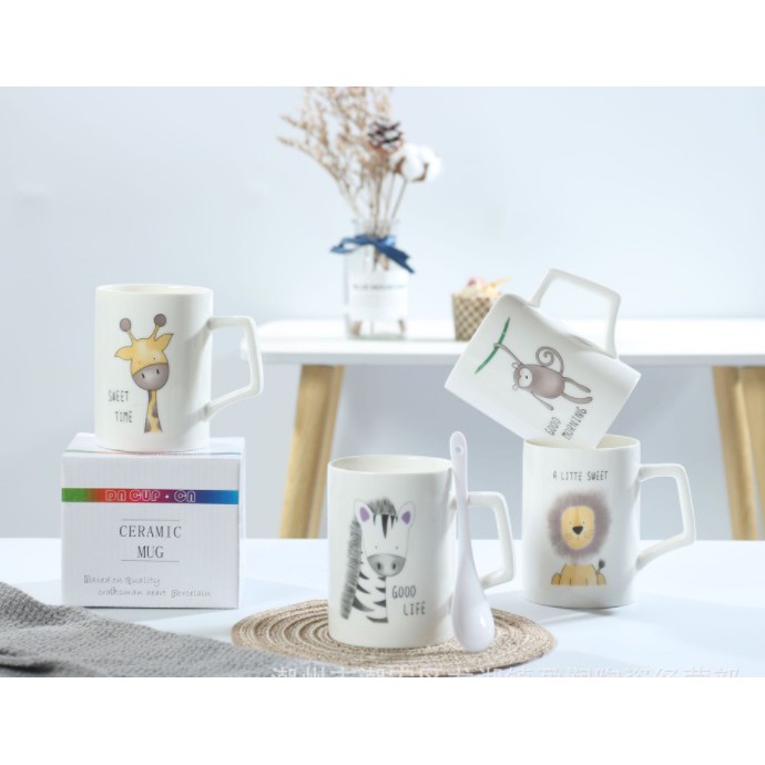 Gelas Keramik Set Sendok/ Cangkir Karakter Unik dan Lucu /Gelas Motif Emoji