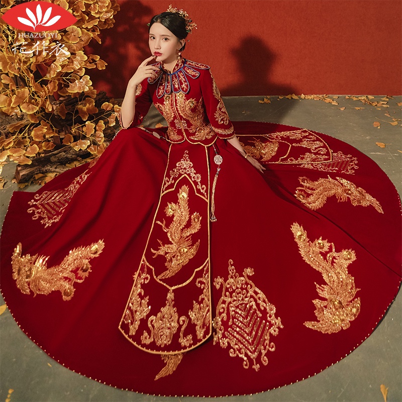 ☽❂Bride 2021 new phoenix crown xia gaun pengantin Chinese wedding dress dragon and phoenix gown show