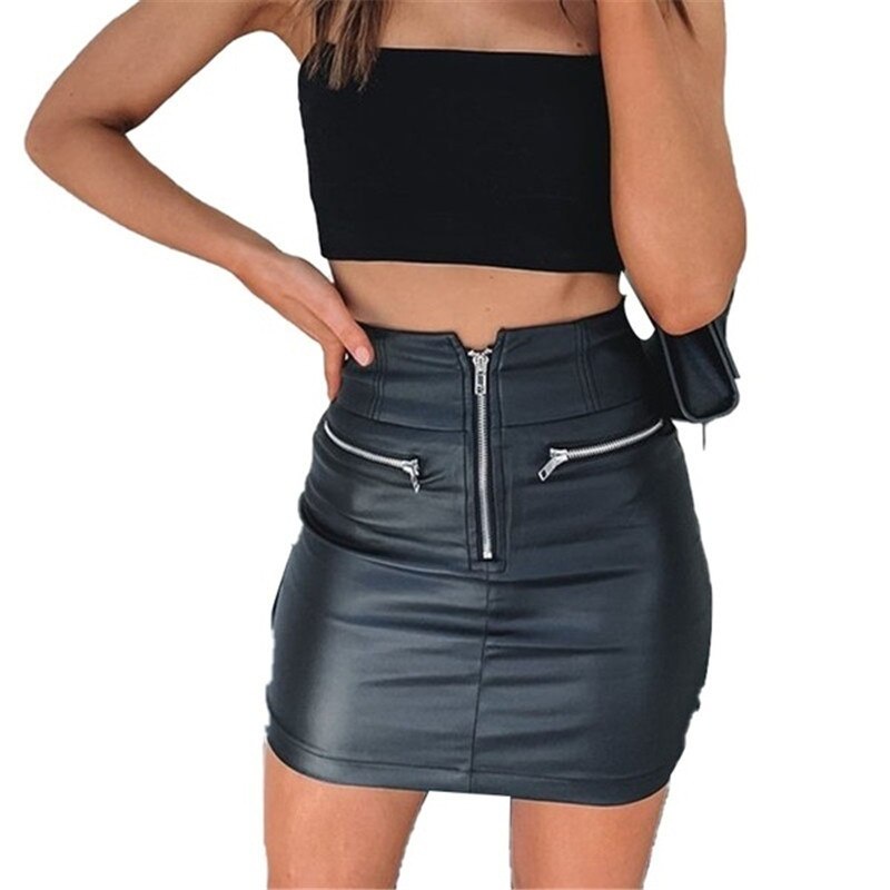 Rok Solid Ritsleting PU Kulit Rok Wanita Vintage Slim Seksi Tas Hip Terang Rok Wanita Sederhana Punk Rock Liar Rok Pendek untuk Wanita rok modern terbaru 2022