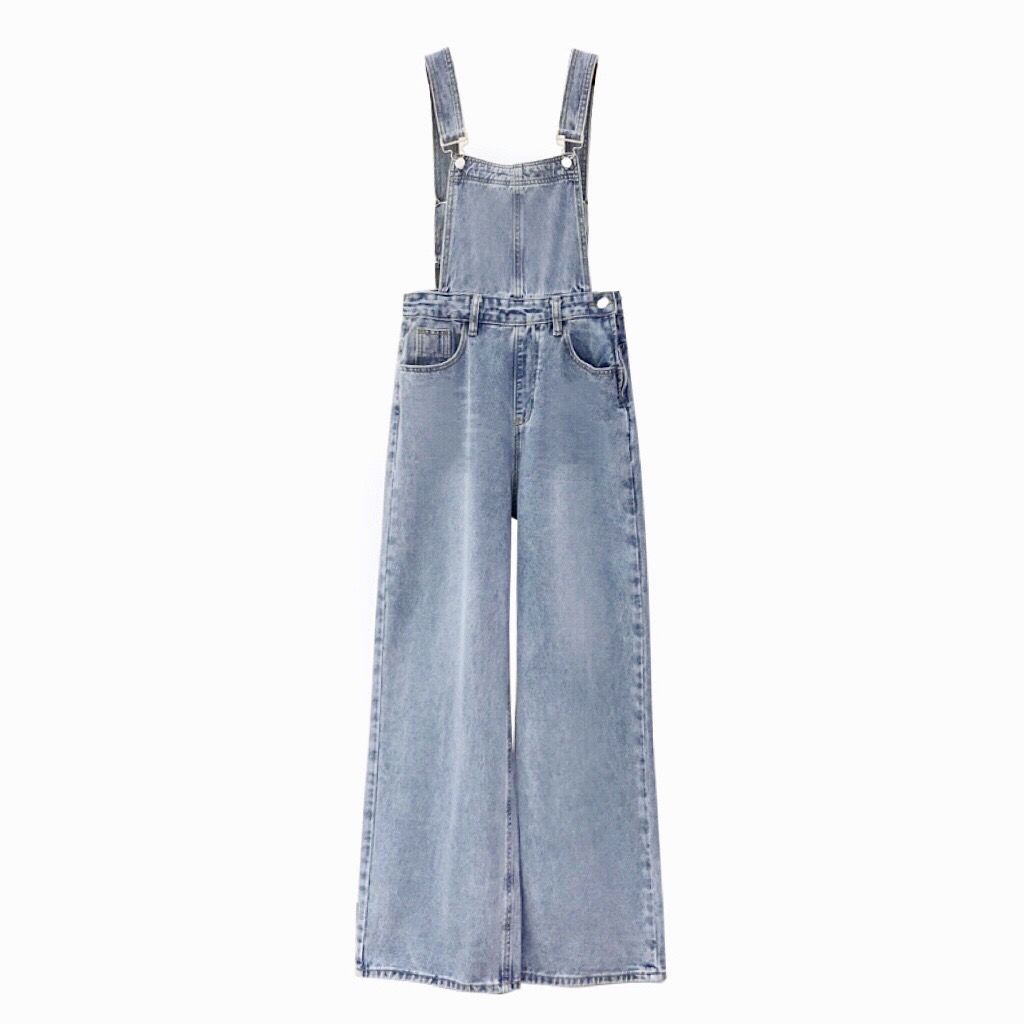 Overall denim longgar wanita 2022 musim semi dan musim panas celana panjang one-piece lurus berpingg