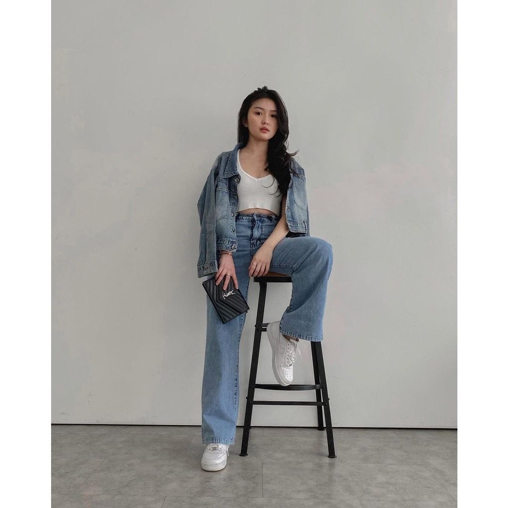 Korean New Women's Loose Highwaist / Highwaist Kulot Jeans Wanita Loose-Snow Blue