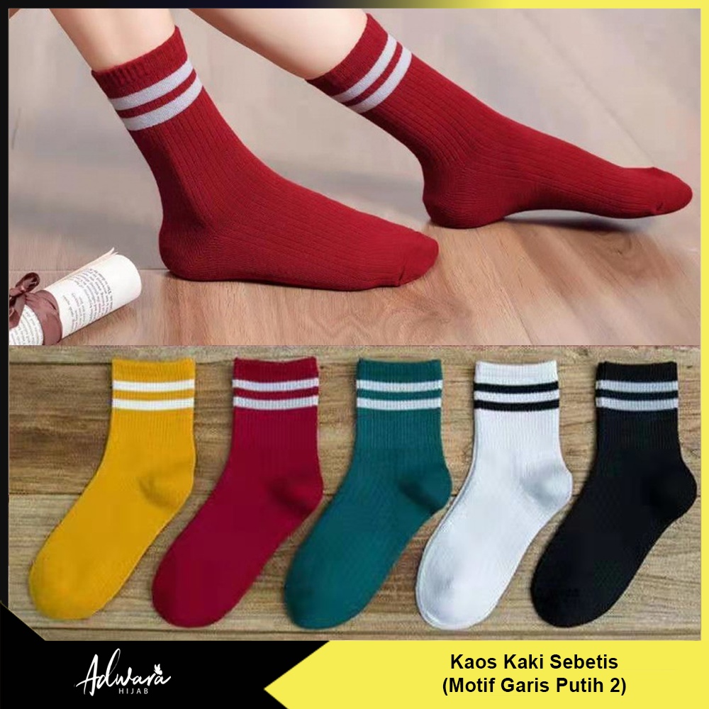 Kaos Kaki Olahraga Tinggi Sebetis Wanita Motif Garis 2 Putih Warna Polos