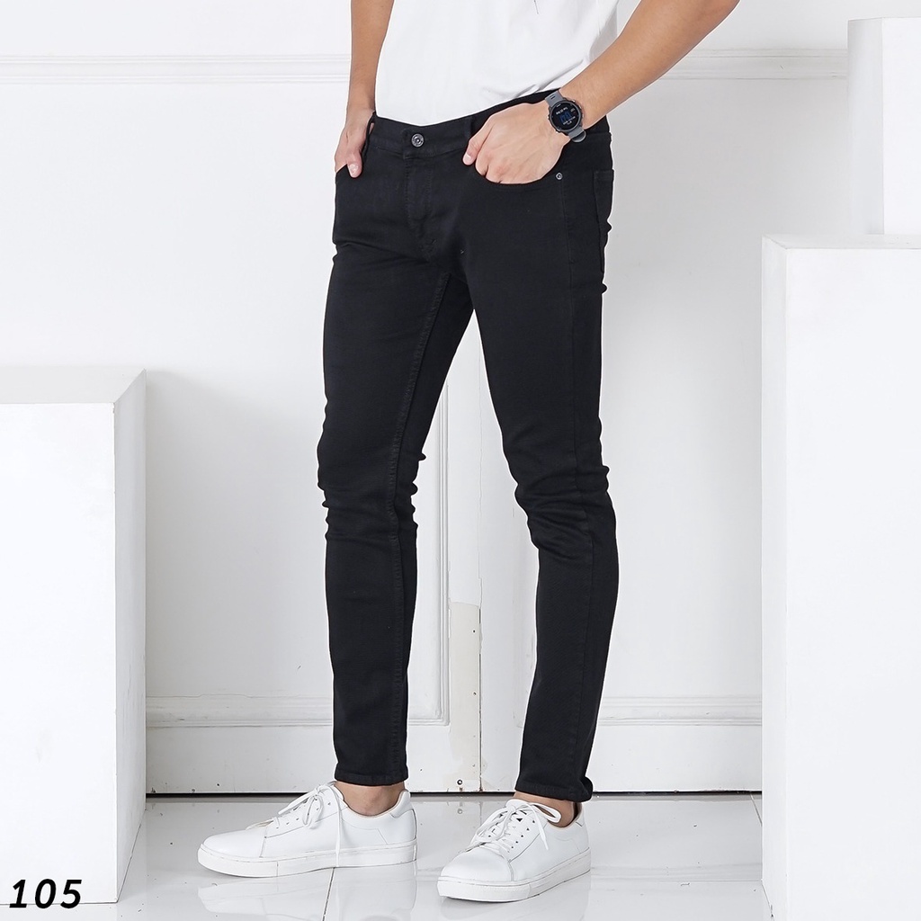 HSRM - 105 (BISA COD) Skinny Jeans Full Black Celana Panjang Pria Hitam Pekat Soft Jeans Strech