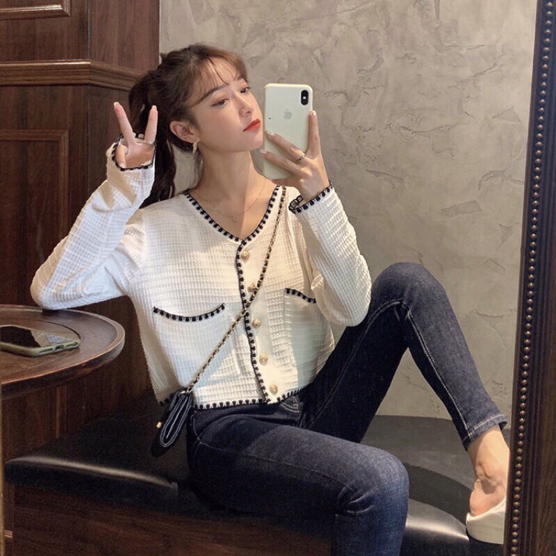 CIA TOP - cardigan korea v neck sweater cardigan hitam putih kacing lengan panjang ice silk wanita