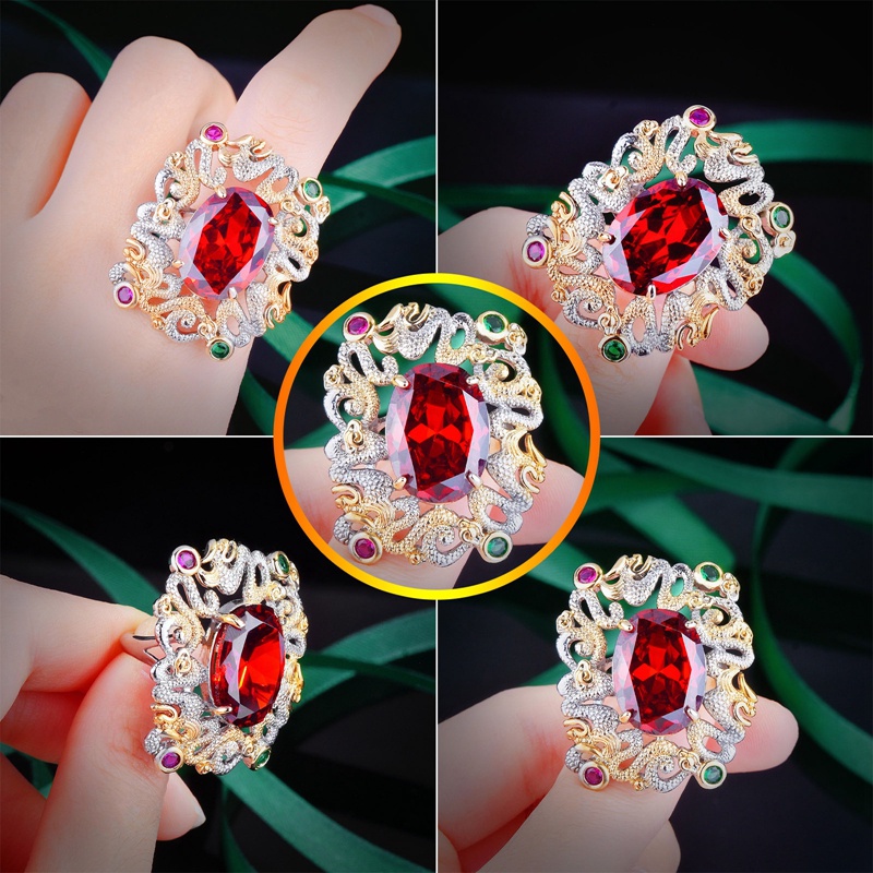 Cincin Geometris Bentuk Oval Kubik Zirkonia Warna Merah Gaya Vintage Klasik Untuk Wanita