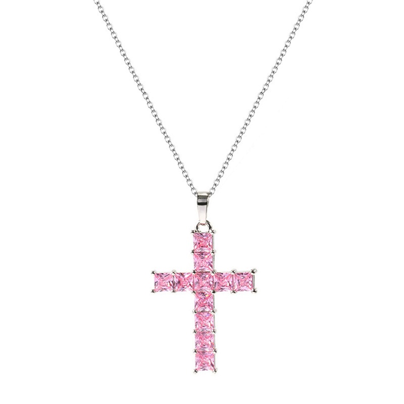 Kalung Salib Inlaid Cubic Zirconia Warna Putih Pink Serbaguna Untuk Wanita