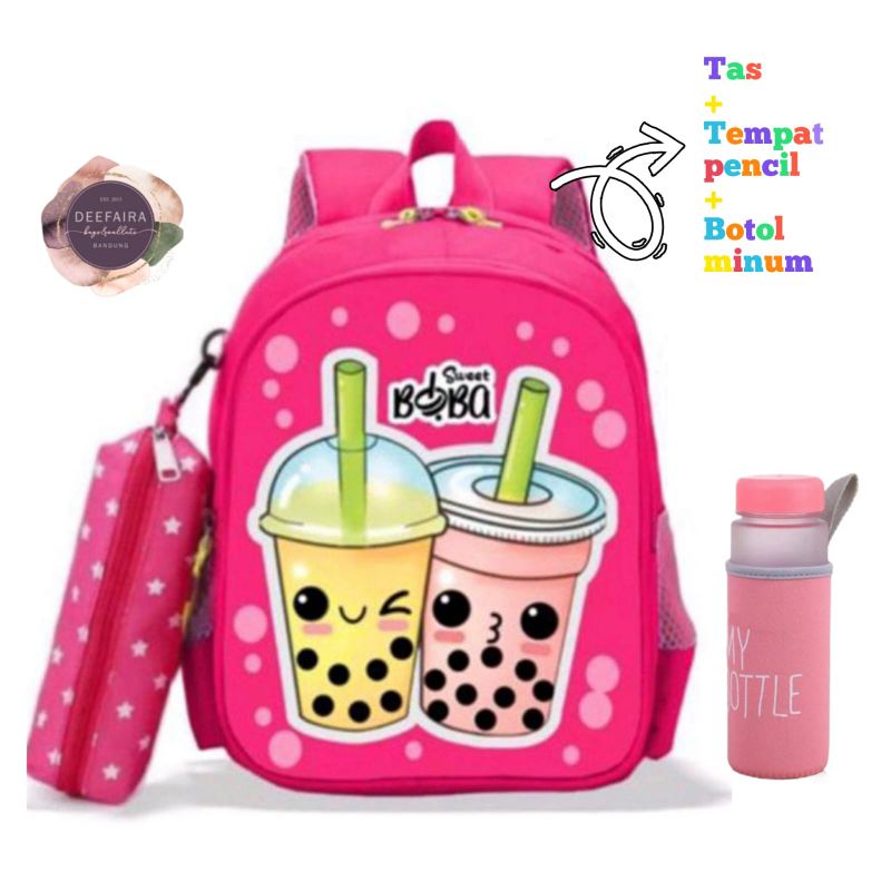 Tas Sekolah TK SD Anak Perempuan Set Pouch dan My Bottle Minum Model Bobbaa