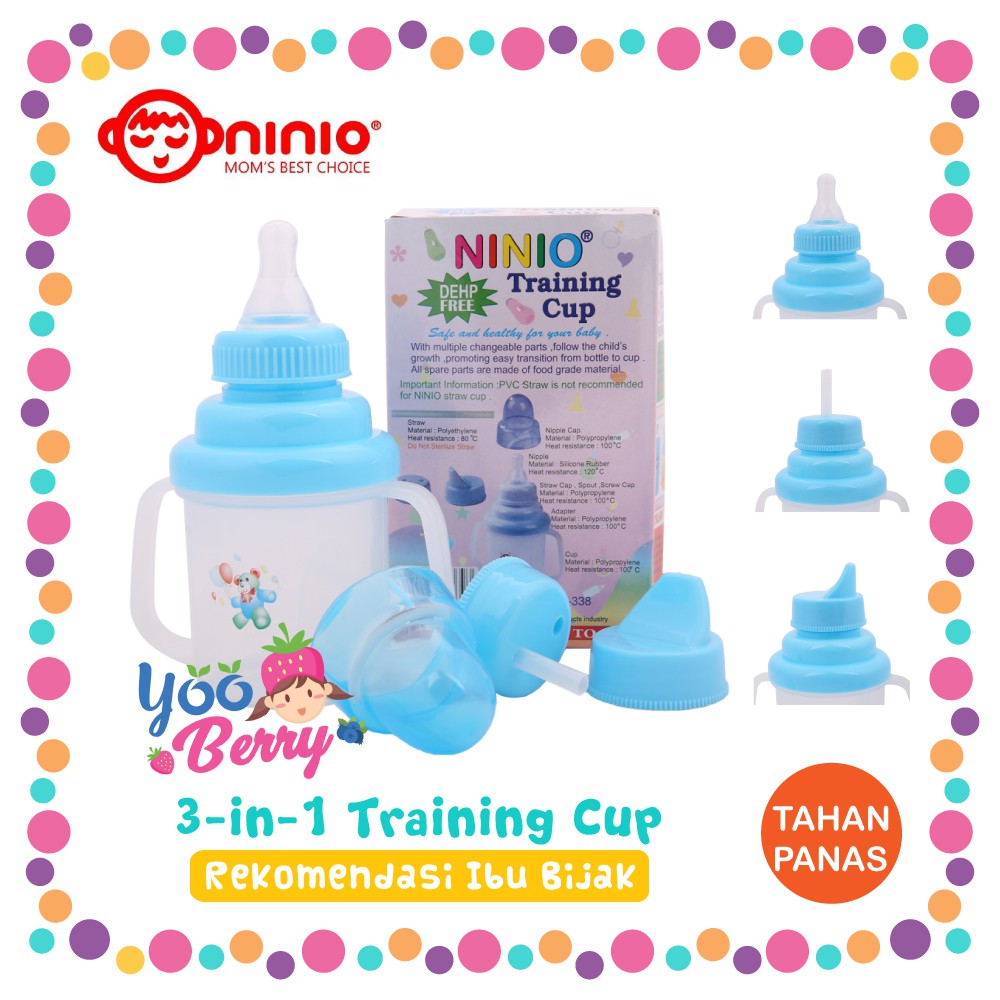 Ninio 3-in-1 Training Cup Gelas Minum Bayi Spout Straw Tahan Panas Berry Mart