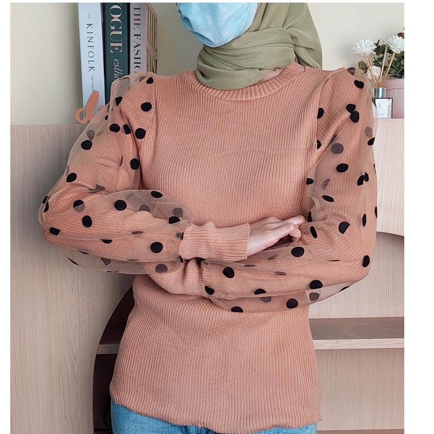 HOPYLOVY - Atasan Wanita Knit Polka Blouse Lengan Panjang Narima