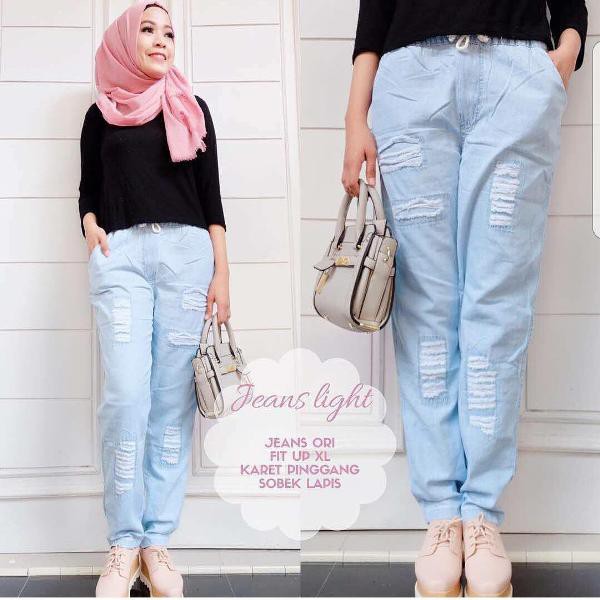 PROMO   Celana Jeans Light Sobek - Jeans Cewek Terkini Ootd