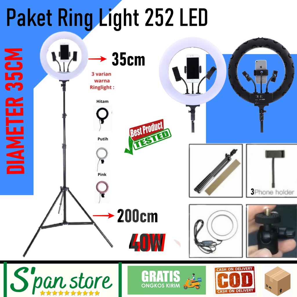 Ring Light 35cm + Light Stand Tripod 2M with 3 Holder Smartphone