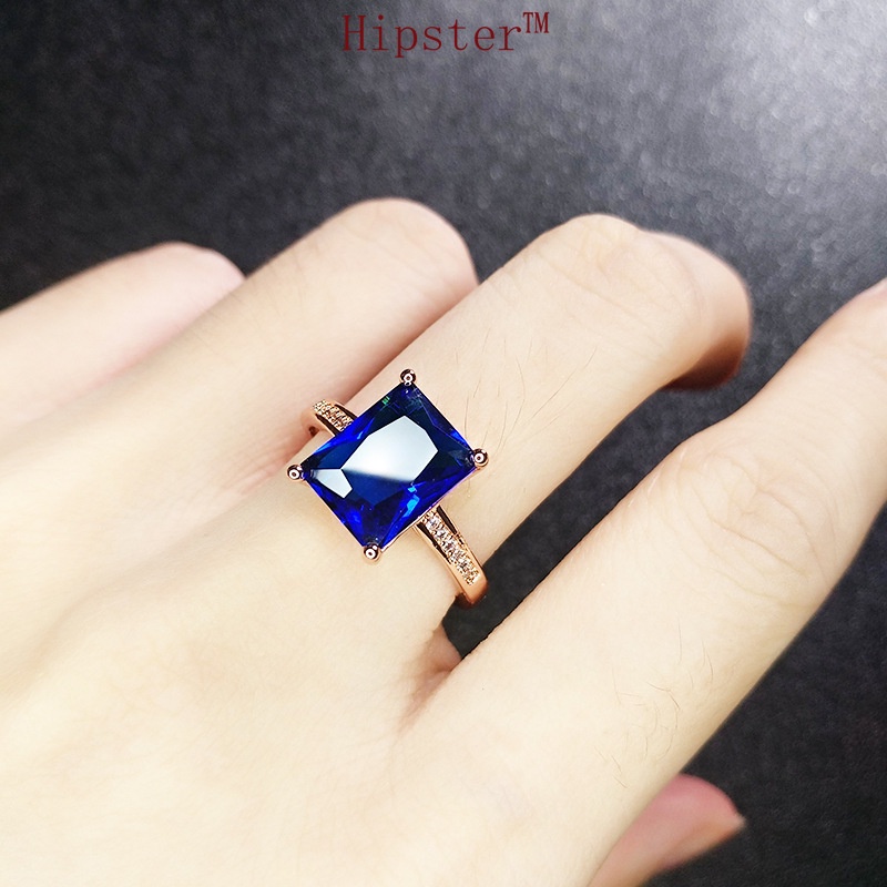 New Simple Fashion Luxury Domineering Inlaid Square Blue Crystal Ring