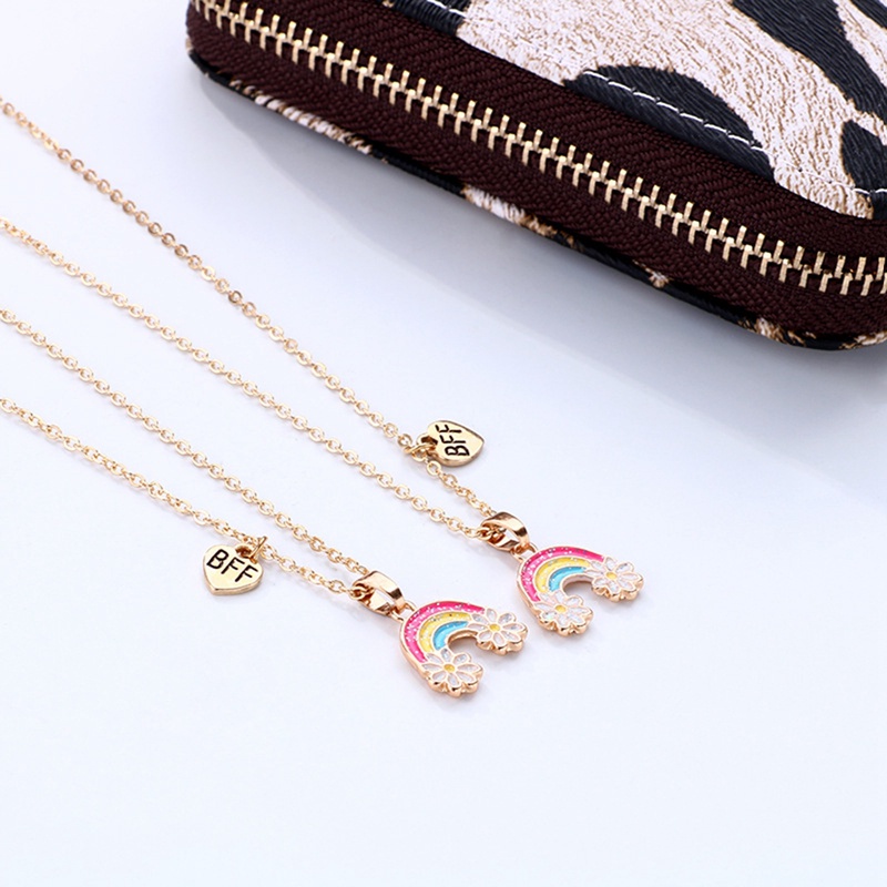 2pcs / Set Kalung Rantai Dengan Liontin Bunga Warna Pelangi Untuk Wanita