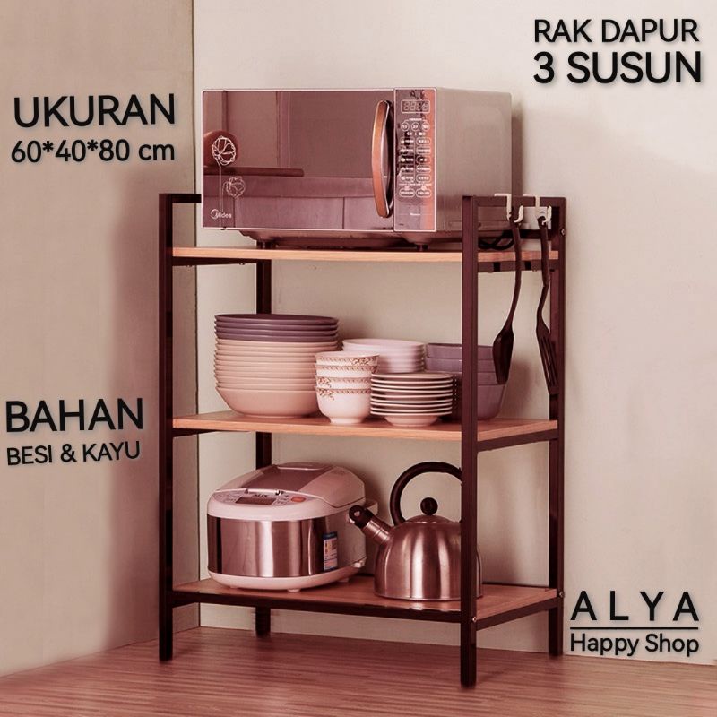 Rak Dapur Susun Rak Microwave Serbaguna Rak Buku 3 Susun Bahan Besi dan Kayu