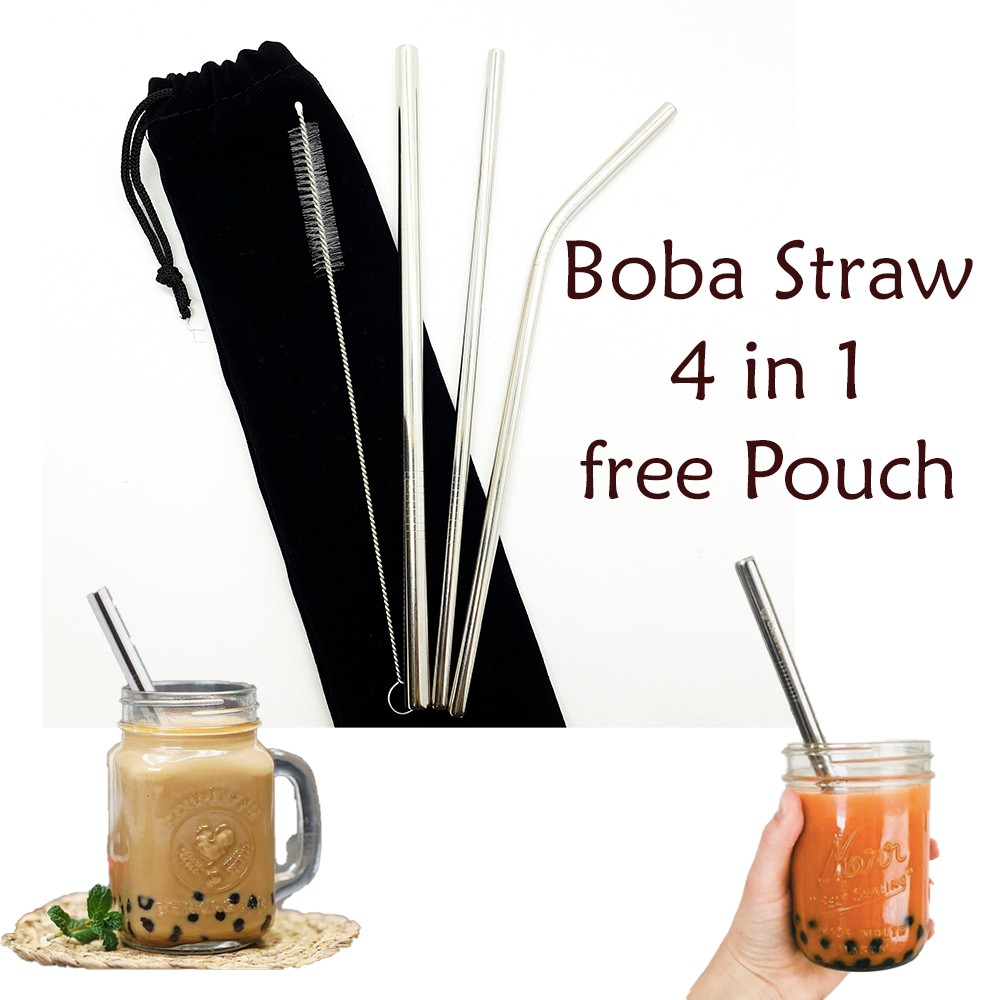 Sedotan Boba Stainless Sedotan Stainless 4in1 Free Pouch Reusable Straw