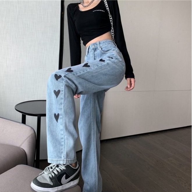 New kekinian love biru high waist murah boyfriend celana jeans panjang wanita kulot