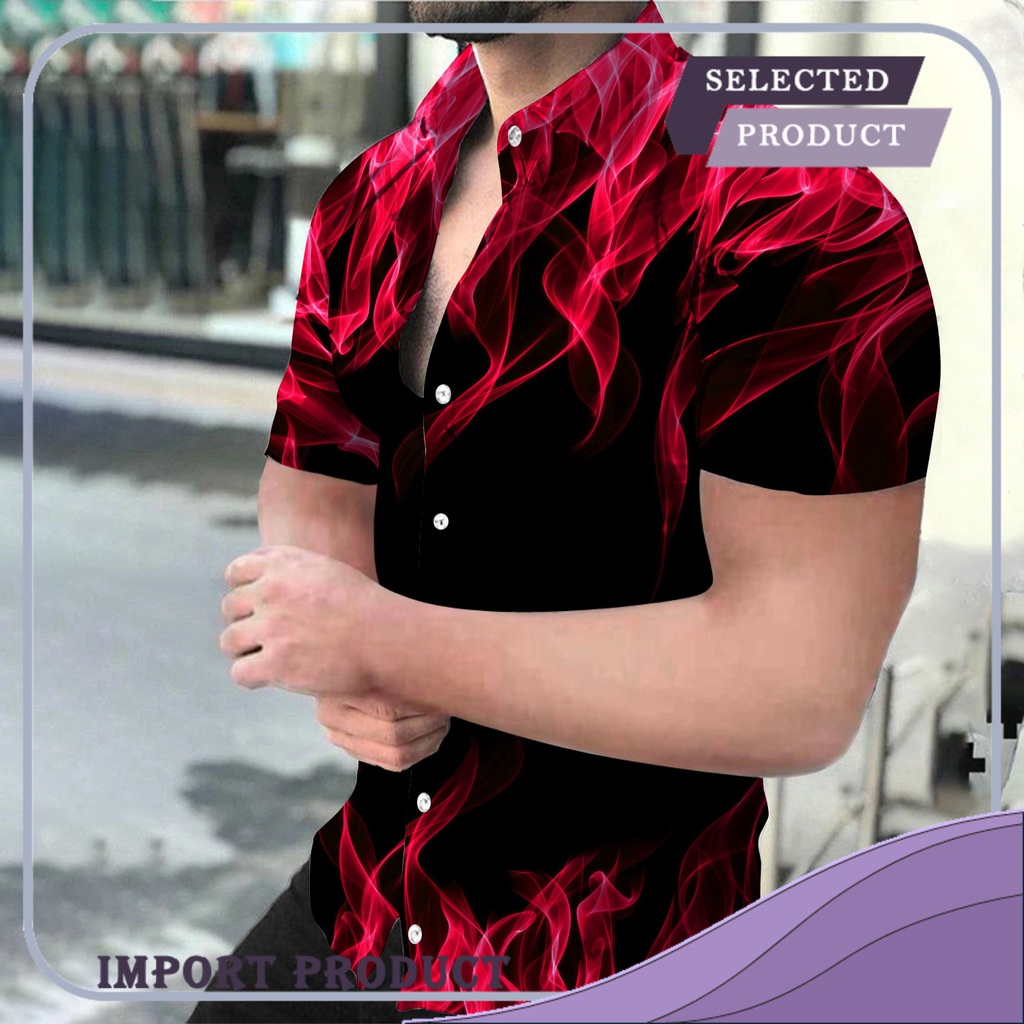 Kemeja Pria Kasual Lapel 3d Printing Berkilau Flame  Shirt  Import