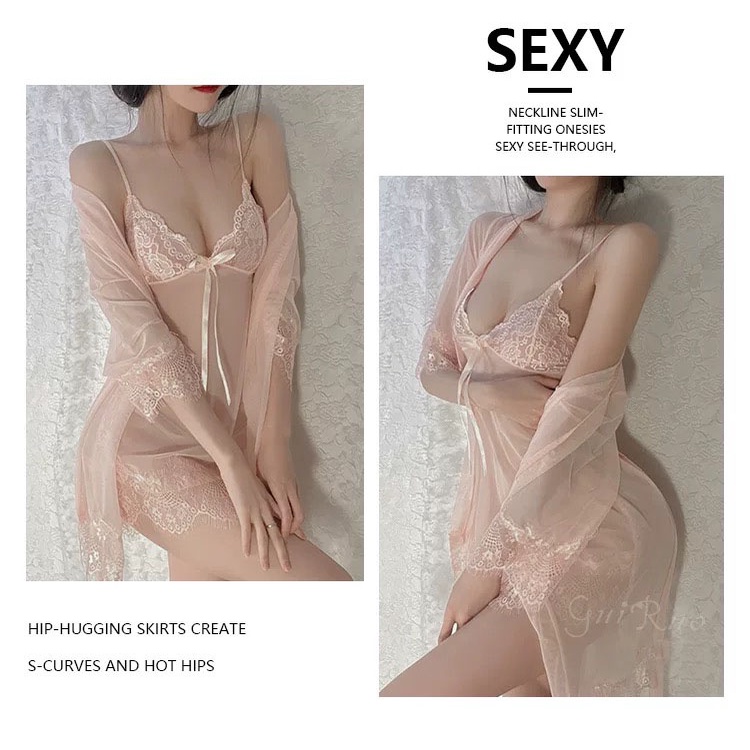 Baju tidur Wanita Lingerie Sexy Hot Kimono Transparan Lengan 3/4 Piyama Dewasa impor 3A270