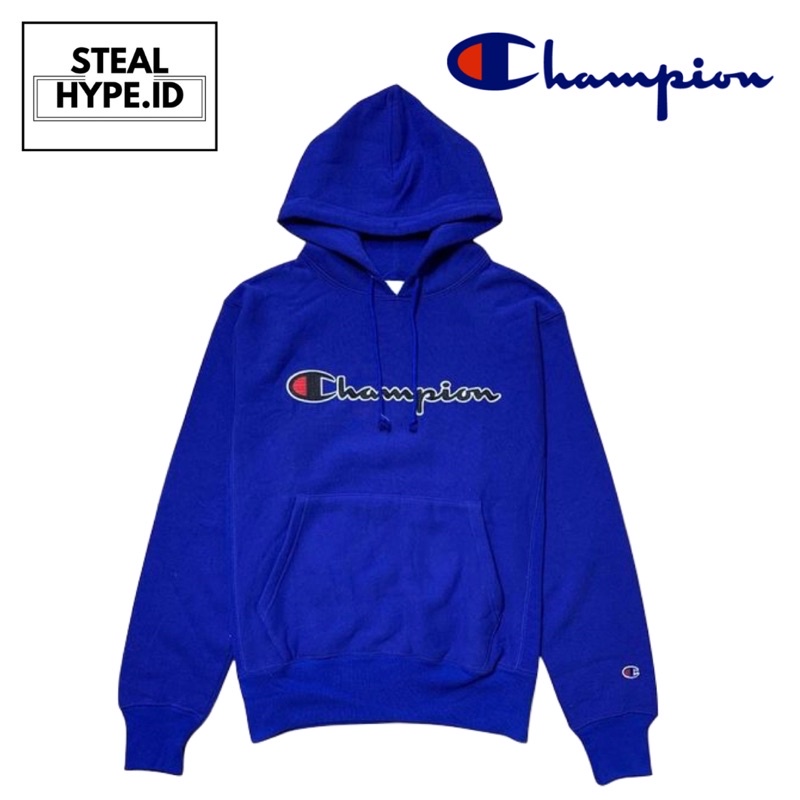 CHAMPION HOODIE BIG SCRIPT CHAINSTITCH BLUE