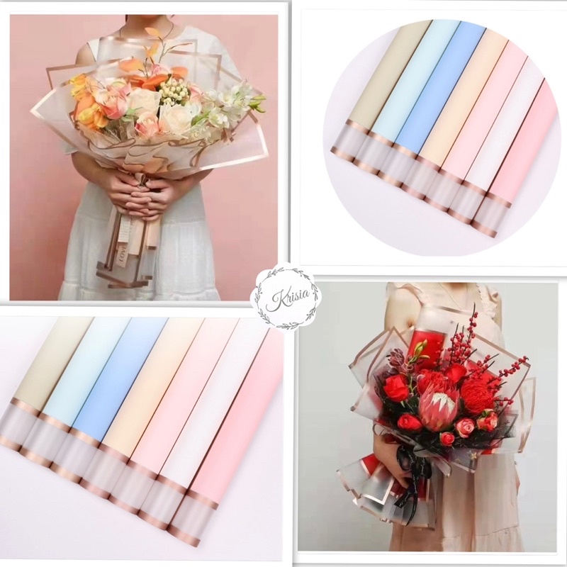 “”DOUBLE LINE GOLD“” FLOWER WRAPPING FRAME TRANSPARANT (ECER) TRANSPARENT CELLOPHANE KERTAS BUNGA HAND BOUQUET WATERPROOF