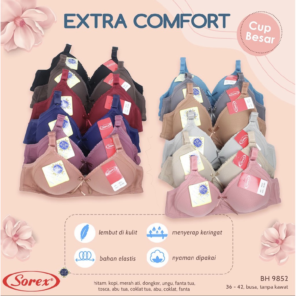 BH BRA WANITA SOREX 9850 , 9852 CUP FULL B TIDAK KAWAT PORI BEST SELLER