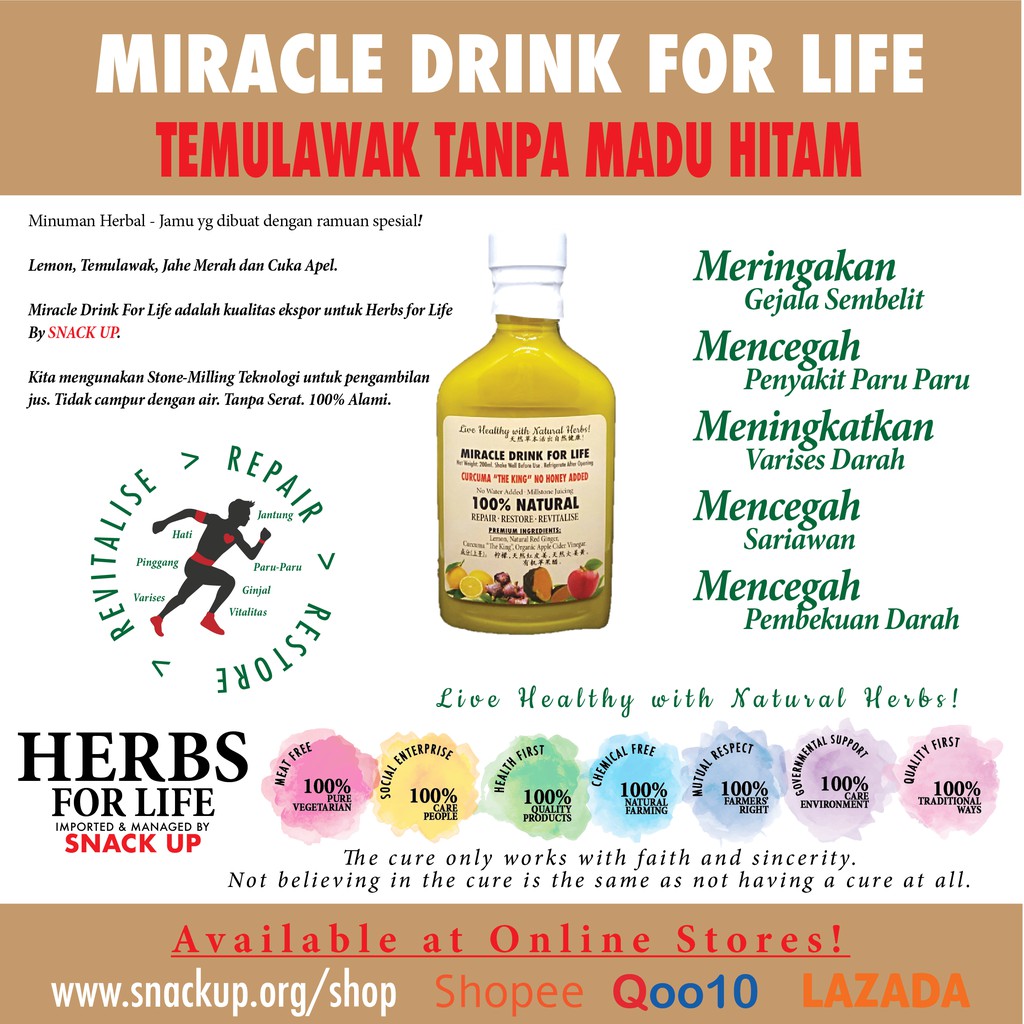 

MIRACLE DRINK FOR LIFE - JAMU SEHAT - TEMULAWAK TANPA MADU