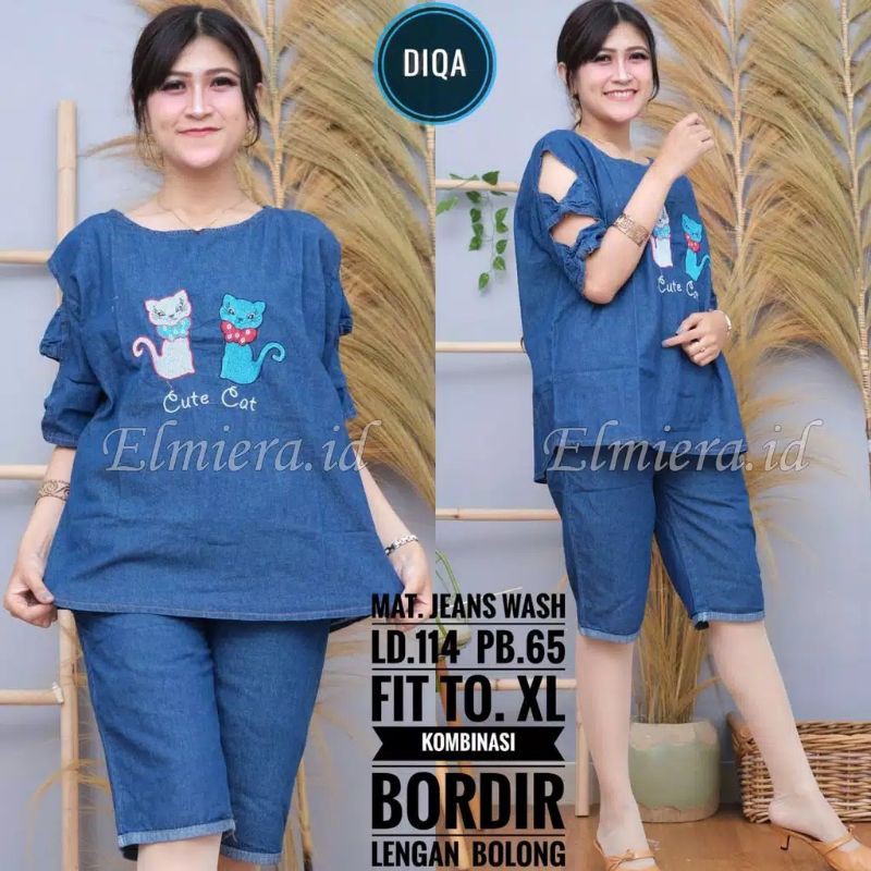 Setelan wanita Bahan jeans Kualitas HQ LD 100 Terbaru / SETELAN JEANS BORDIR