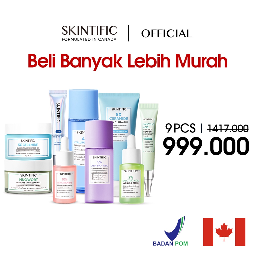 SKINTIFIC - 5X Ceramide Cleanser & Essence Toner & 10% Niacinamide Serum & 4D Hyaluronic Acid & Moisture Gel & Exfoliating Toner & Acne Serum & Lifting Eye Cream/ Acne Clay Mask 【BPOM】