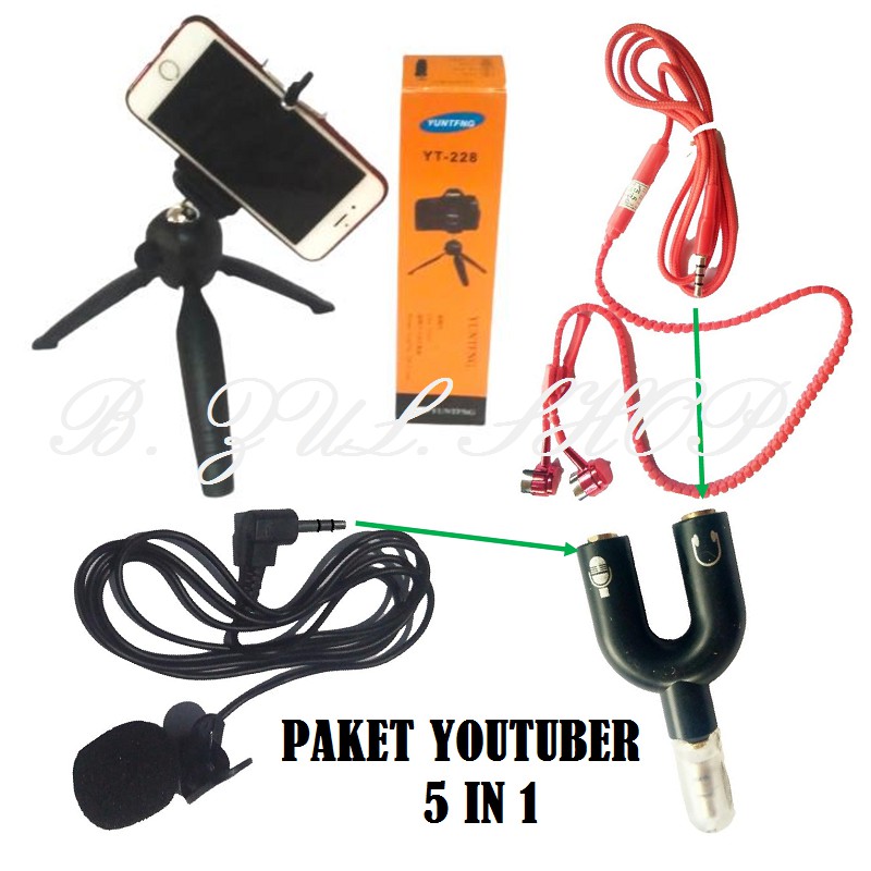 Paket Youtuber / SMULE  5in1, Mini Tripod + U Holder + Clip On Mic + U Splitter + Headset