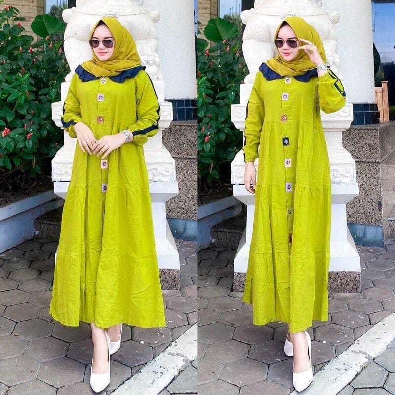 Merlin Dress Gamis Remaja Bahan Katun Rayon Ootd Kekinian Fashion Wanita Long Dress Muslim Busui Friendly Baju Wanita Jumbo