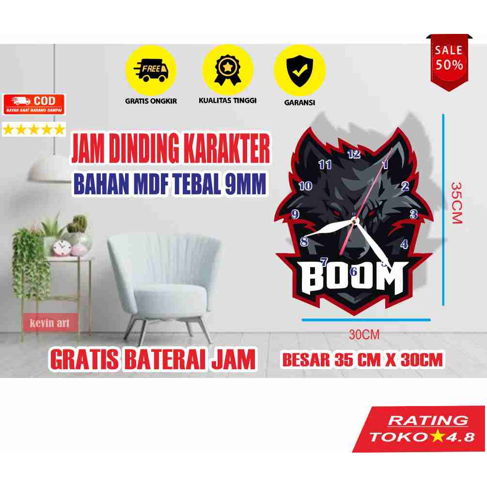 JAM DINDING UNIK BESAR 3D DEKORASI KAMAR KARAKTER LOGO BOOM ESPORTS KOLEKSI GAMERS TERBARU KEREN SOUVENIR CUSTOM