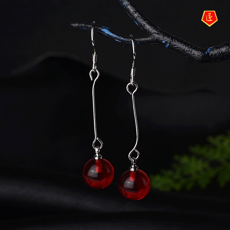 [Ready Stock]Ethnic Simple Fashion Red Agate Earrings Retro Temperament