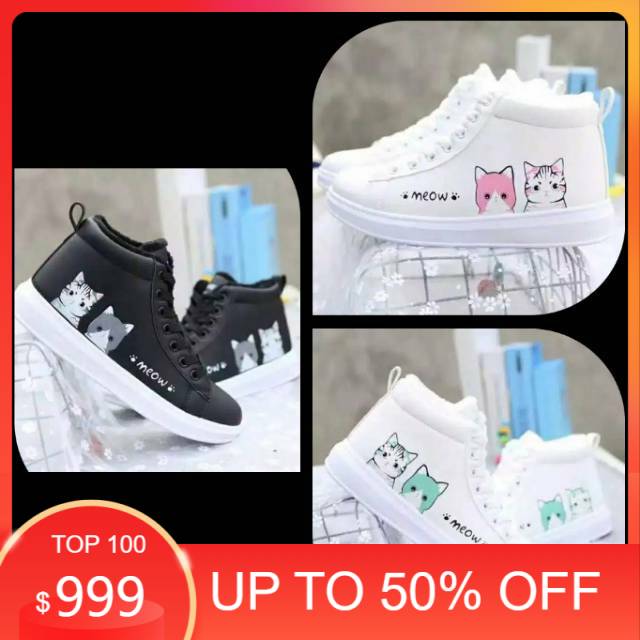 Sepatu Boots Putih Wanita Meow/ Sepatu Boot Tali Cewek Motif Kucing/ Sepatu Boots Meow SMA Keren
